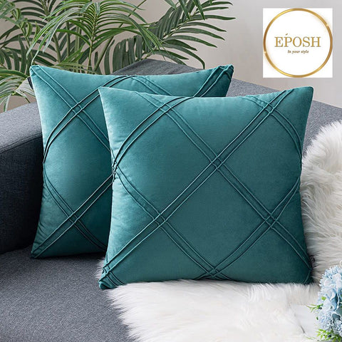 Pack of 2 Velvet Decorative Double Cross Pleated Cushion-Teal