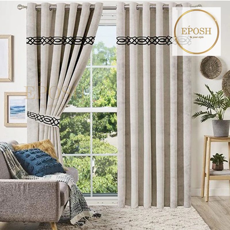 2 Pieces Crocodile Luxury Velvet Curtain Panels with 2 belts-Beige/Black