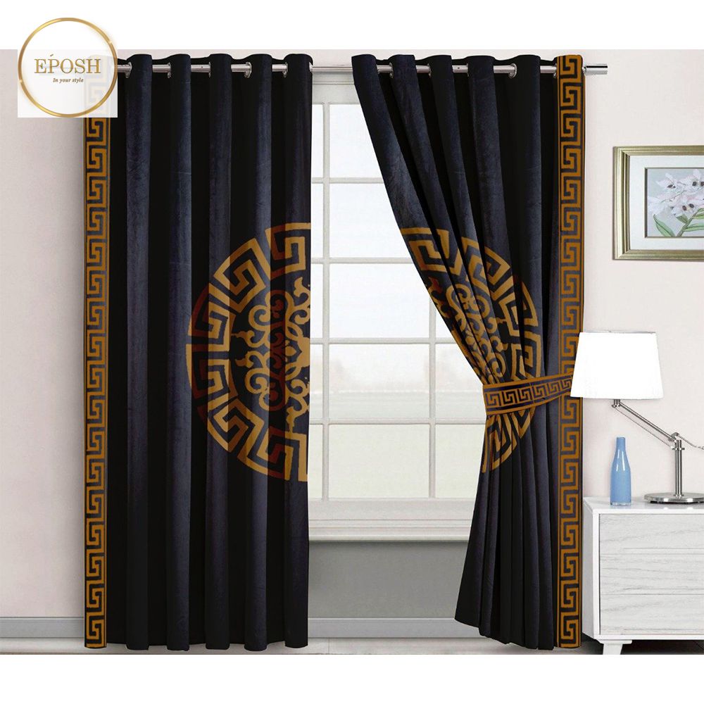2 Pieces Premium splendid velvet curtain Panels & 2 Belts (Black/Camel)