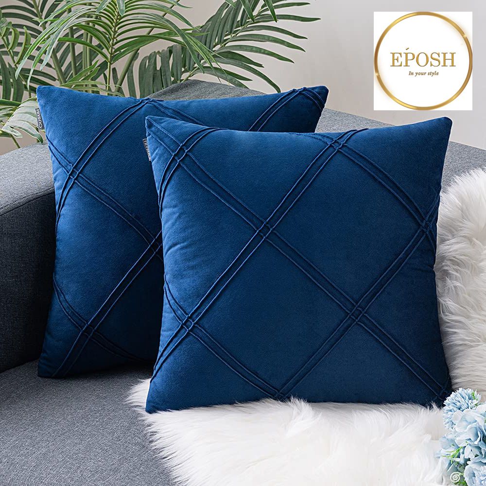 Pack of 2 Velvet Decorative Double Cross Pleated Cushion-Royal Blue