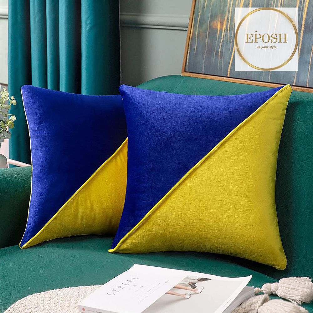 Pack of 2 Velvet Decorative Square Cushion-Yellow&Navy Blue