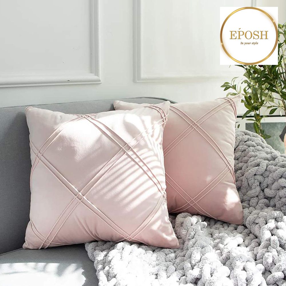 Pack of 2 Velvet Decorative Double Cross Pleated Cushion-Light pink