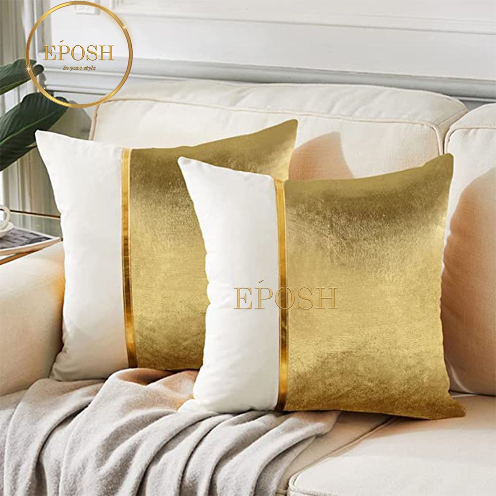 Pack of 2 Velvet Decorative Square Cushion -Gold and White02