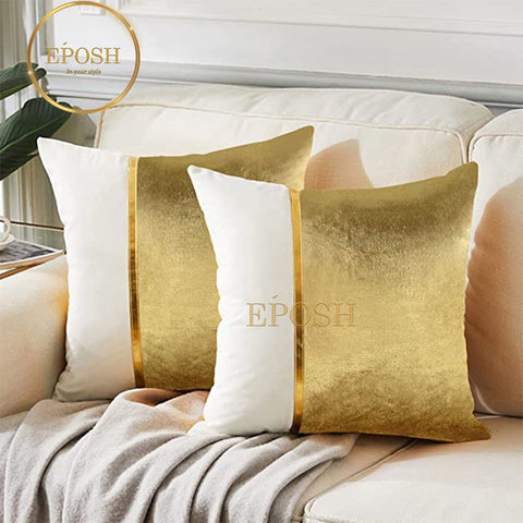 Pack of 2 Velvet Decorative Square Cushion -Gold and White02