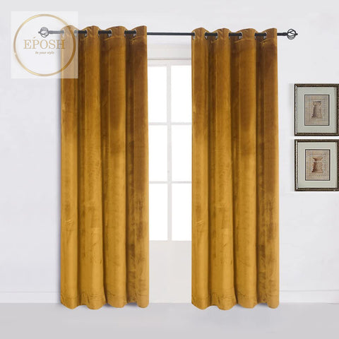 2 Pieces Plain Dyed Velvet Eyelet Curtains-Golden