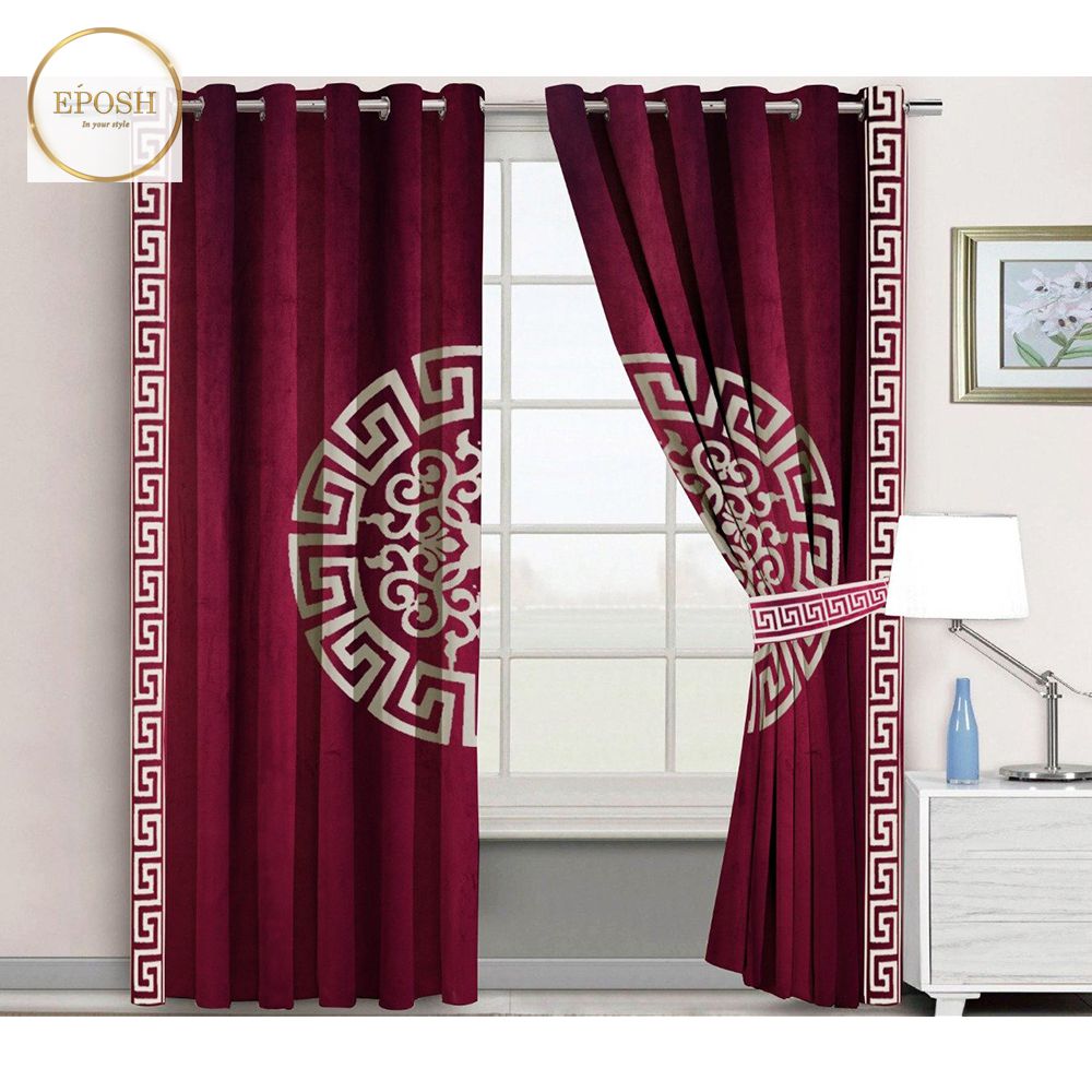 2 Pieces Premium splendid velvet curtain Panels & 2 Belts (Maroon/White)
