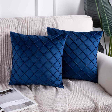 Pack of 2 Velvet Decorative Pleated Square Cushion -  Blue