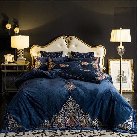 New Luxury Embroidered Velvet Duvet Set - Royal Blue 01