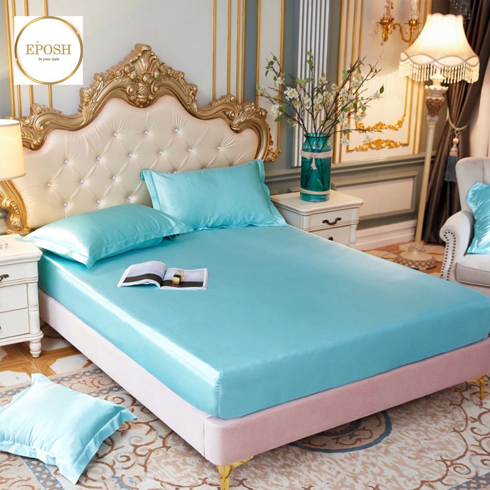 Silk Fitted Sheet with Pillow covers - Cyan