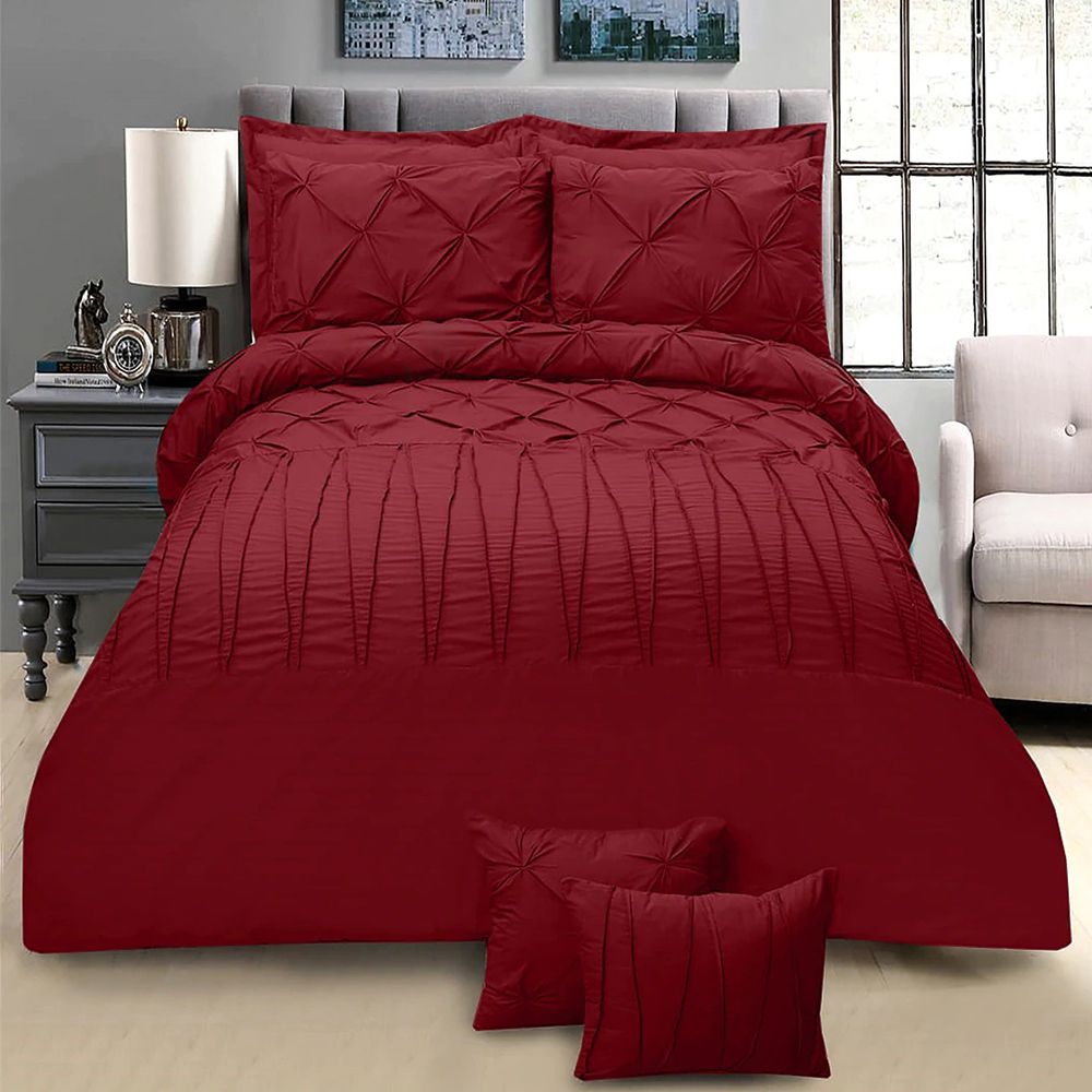 Exotic Embellish Pintucks & Cross Pleated Duvet Set - Maroon