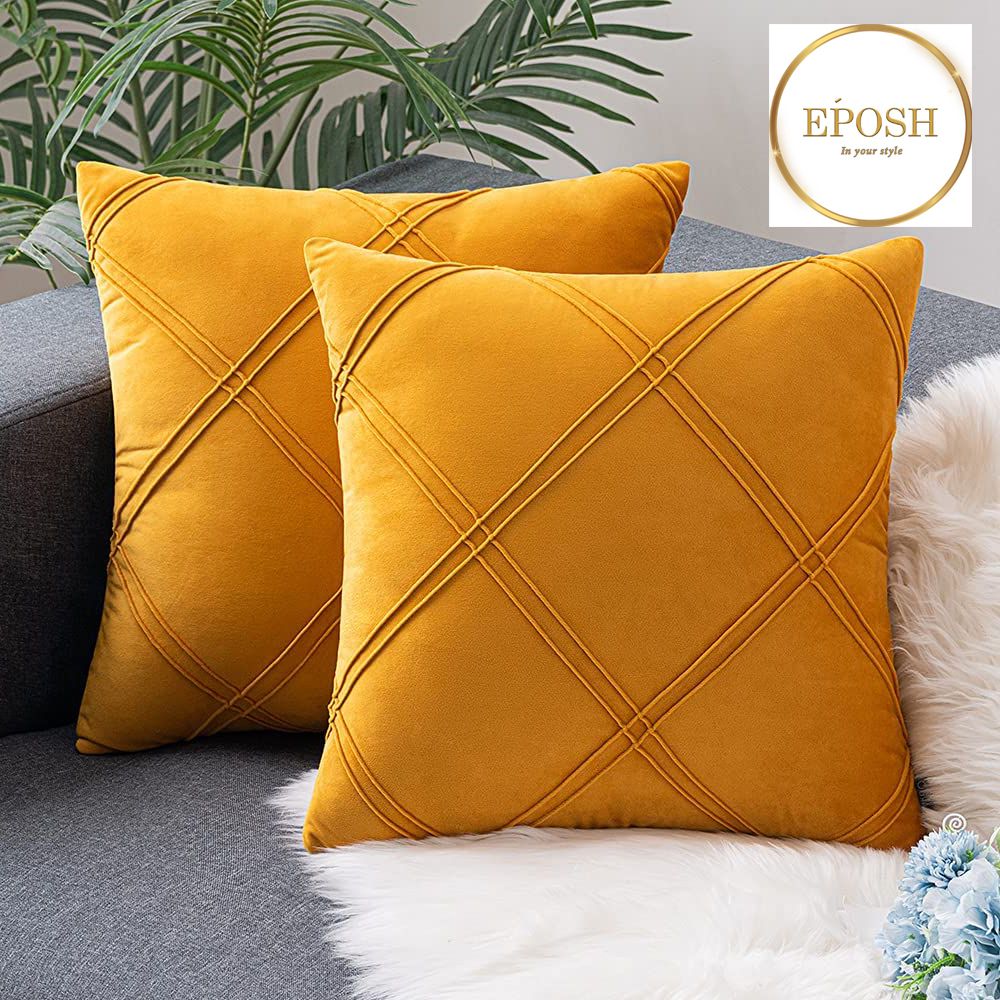 Pack of 2 Velvet Decorative Double Cross Pleated Cushion-Yallow