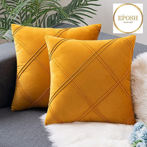 Pack of 2 Velvet Decorative Double Cross Pleated Cushion-Yallow