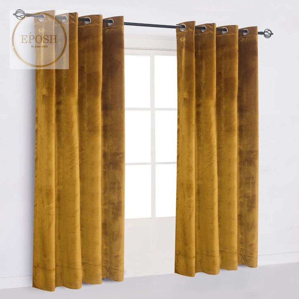 2 Pieces Plain Dyed Velvet Eyelet Curtains-Golden