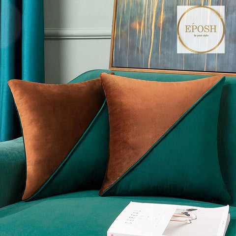 Pack of 2 Velvet Decorative Square Cushion-Brown&Green
