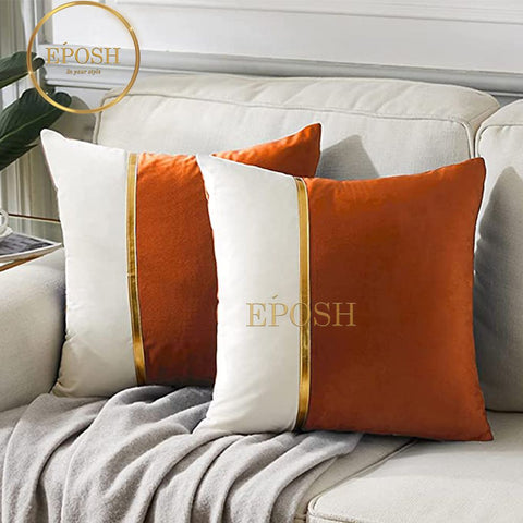 Pack of 2 Velvet Decorative Square Cushion -Orange and White