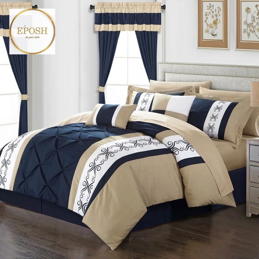 Luxury Pintuck Embroidered Duvet Set - Khaki and Navy