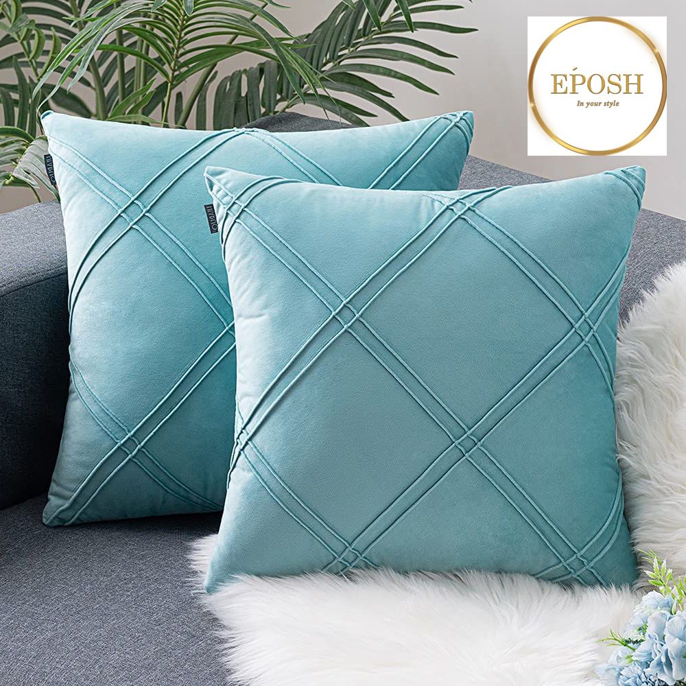 Pack of 2 Velvet Decorative Double Cross Pleated Cushion-Sea Blue