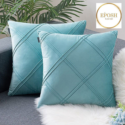 Pack of 2 Velvet Decorative Double Cross Pleated Cushion-Sea Blue