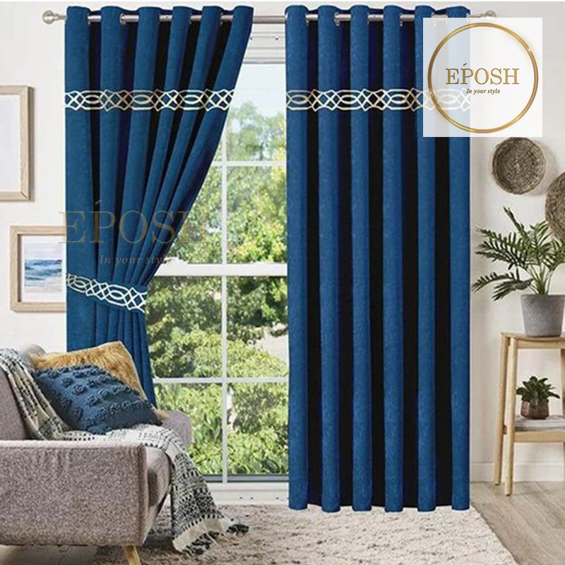 2 Pieces Crocodile Luxury Velvet Curtain Panels with 2 belts-Blue