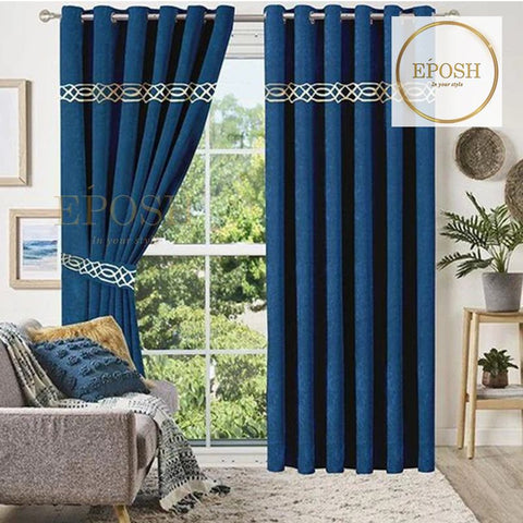 2 Pieces Crocodile Luxury Velvet Curtain Panels with 2 belts-Blue