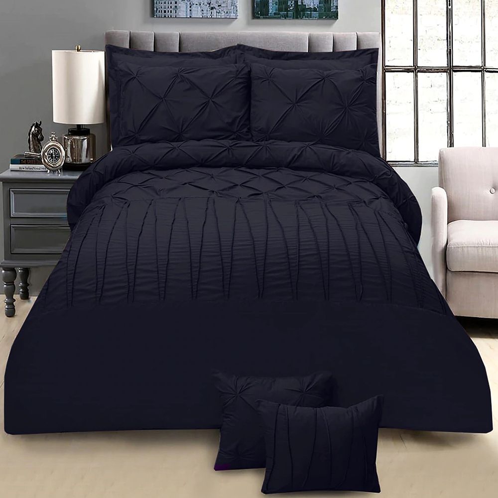 Exotic Embellish Pintucks & Cross Pleated Duvet Set - Navy