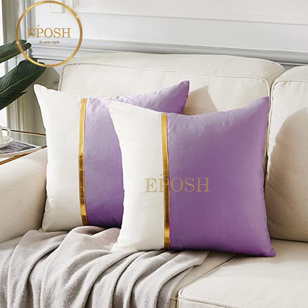 Pack of 2 Velvet Decorative Square Cushion -Purple and White