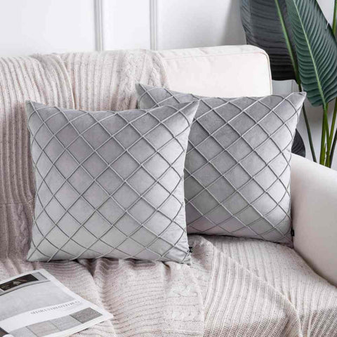 Pack of 2 Velvet Decorative Pleated Square Cushion -  Silver Grey
