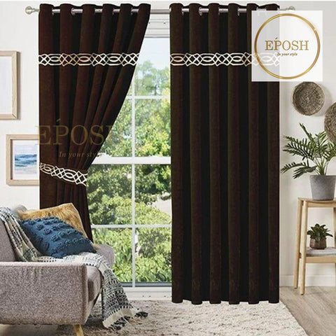 2 Pieces Crocodile Luxury Velvet Curtain Panels with 2 belts-Brown