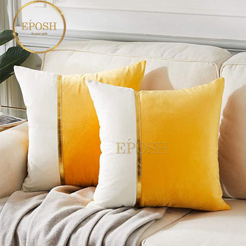 Pack of 2 Velvet Decorative Square Cushion -Mustard and White