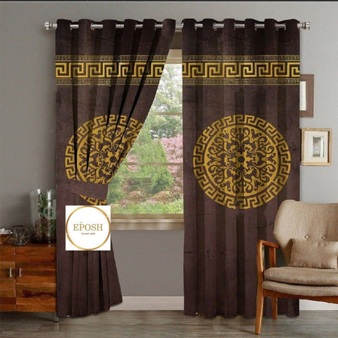2 Pieces Luxury Velvet Curtain Panels with 2 belts-Brown/Gold 012