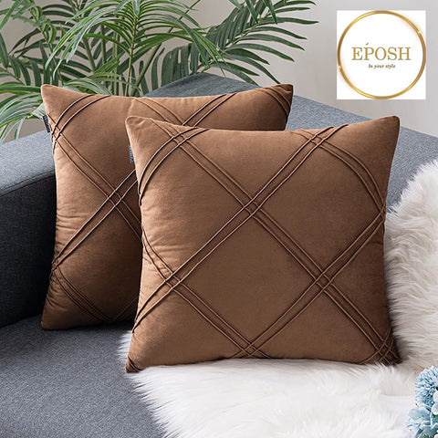 Pack of 2 Velvet Decorative Double Cross Pleated Cushion-Brown