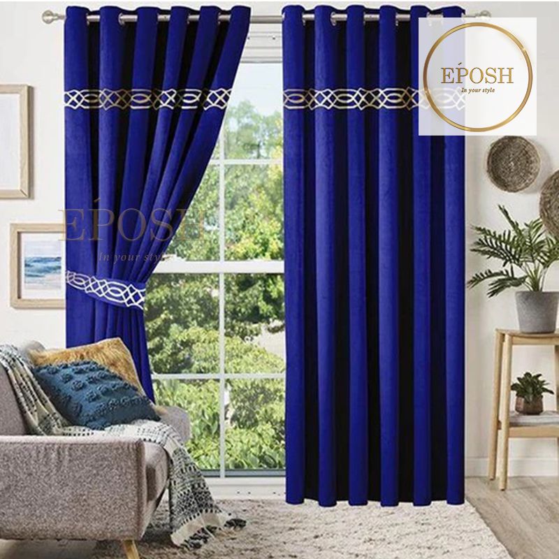 2 Pieces Crocodile Luxury Velvet Curtain Panels with 2 belts-Royal Blue