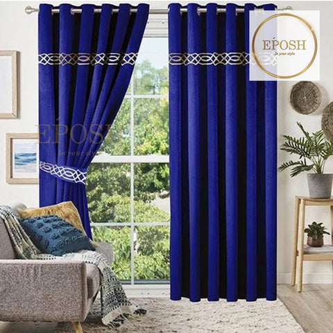 2 Pieces Crocodile Luxury Velvet Curtain Panels with 2 belts-Royal Blue