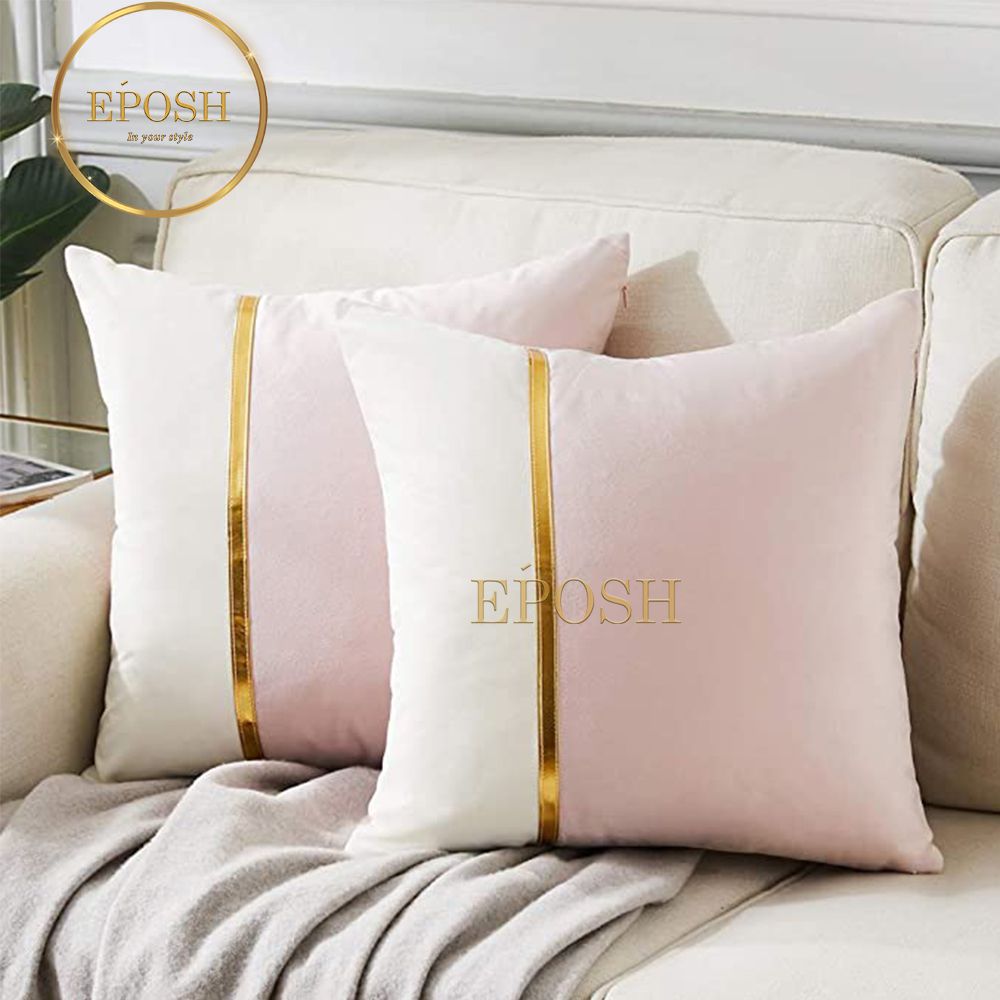 Pack of 2 Velvet Decorative Square Cushion -Light Pink and White
