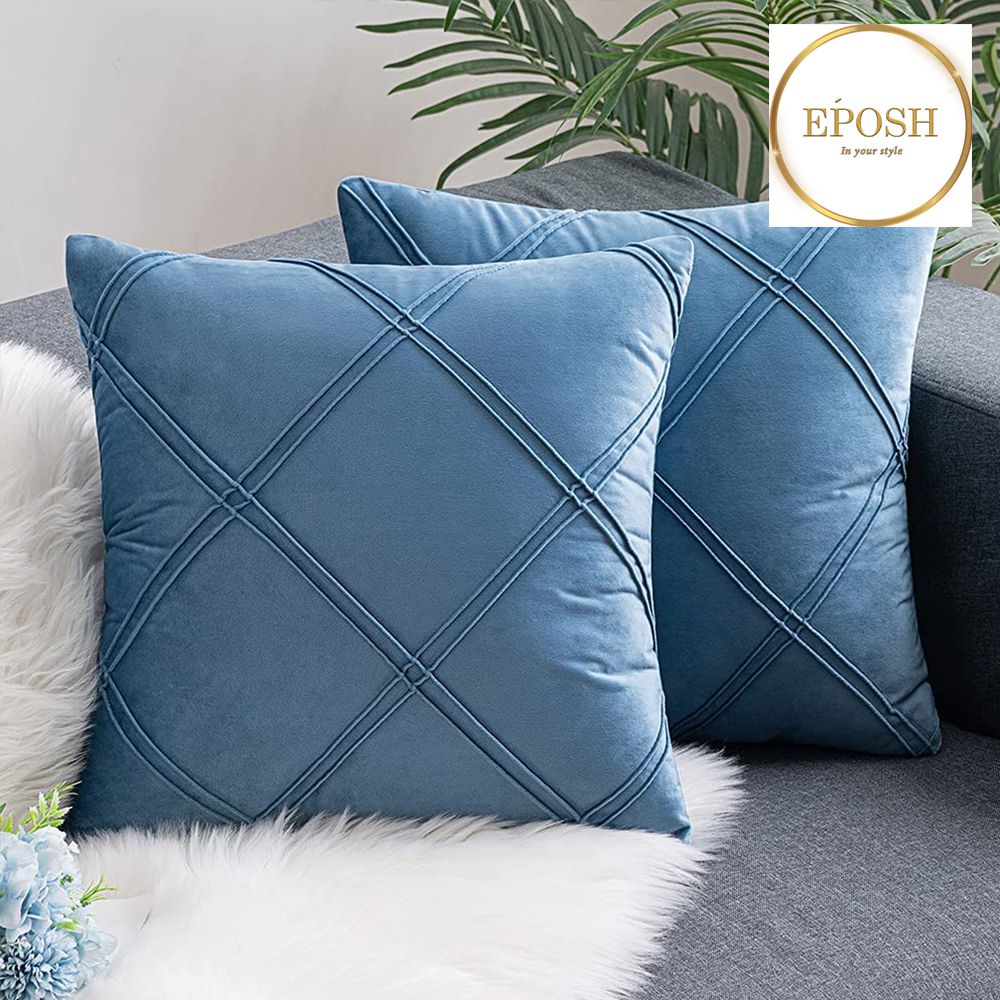 Pack of 2 Velvet Decorative Double Cross Pleated Cushion-Blue