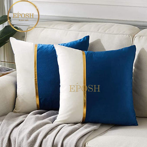 Pack of 2 Velvet Decorative Square Cushion -Royal Blue and White
