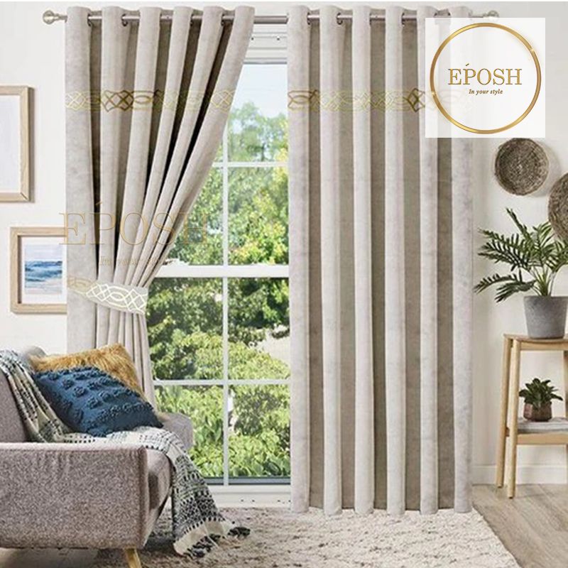 2 Pieces Crocodile Luxury Velvet Curtain Panels with 2 belts-Beige/Gold