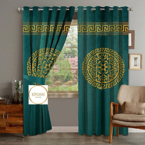 2 Pieces Luxury Velvet Curtain Panels with 2 belts-Green/Gold 013