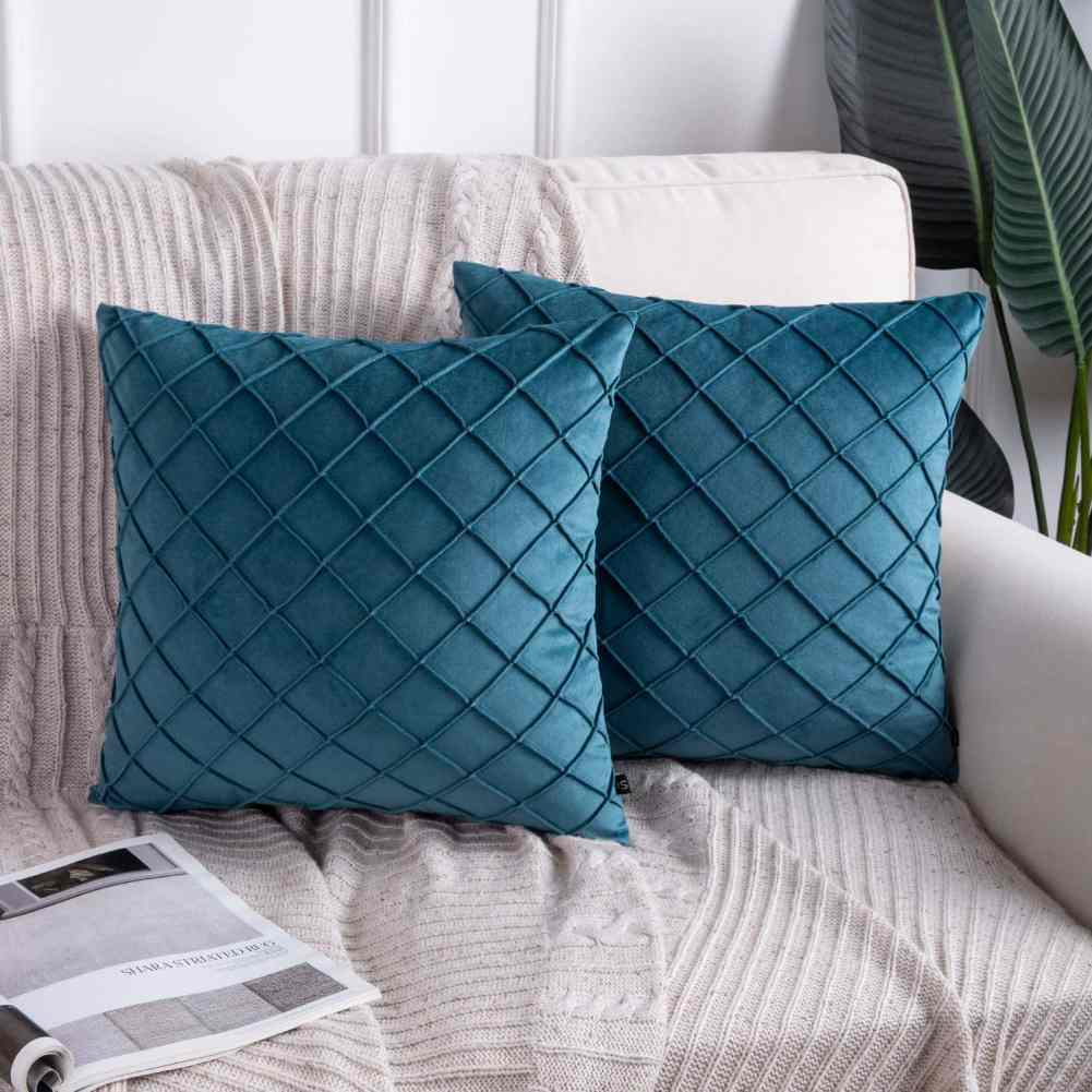 Pack of 2 Velvet Decorative Pleated Square Cushion -  Lake Blue
