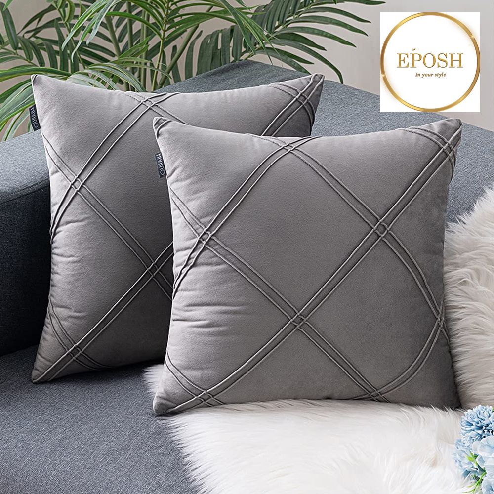 Pack of 2 Velvet Decorative Double Cross Pleated Cushion-Selver Grey