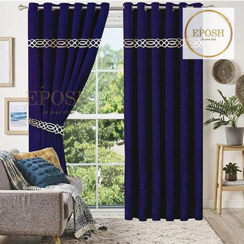 2 Pieces Crocodile Luxury Velvet Curtain Panels with 2 belts-Navy