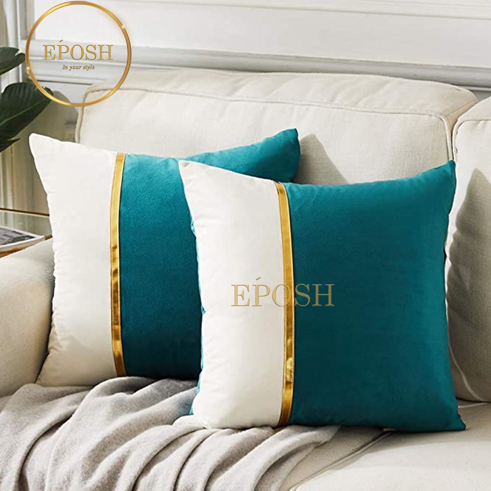 Pack of 2 Velvet Decorative Square Cushion -Teal and White