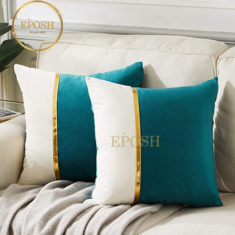 Pack of 2 Velvet Decorative Square Cushion -Teal and White