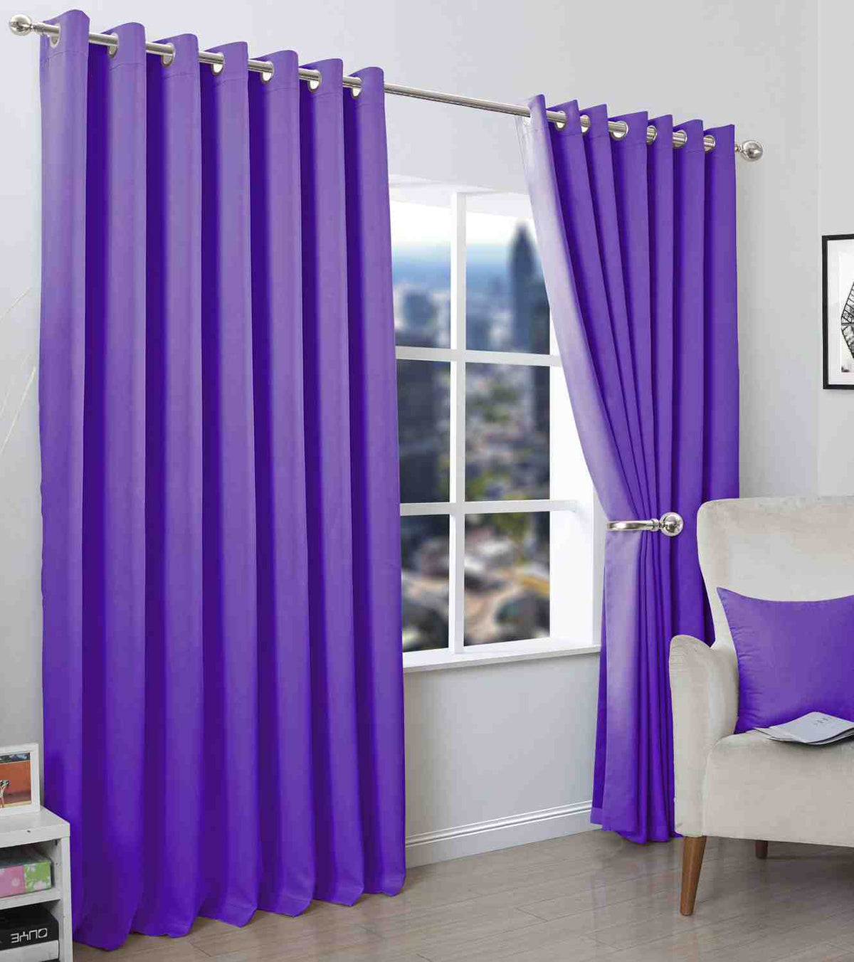 2 Pieces Plain Dyed Back Lining Eyelet Curtains - Purple