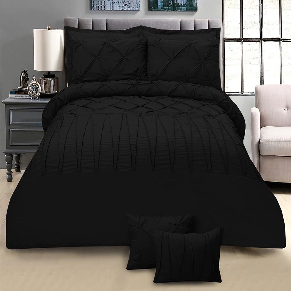 Exotic Embellish Pintucks & Cross Pleated Duvet Set - Black