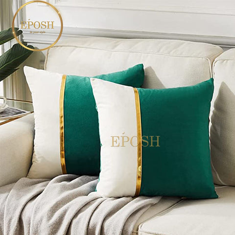 Pack of 2 Velvet Decorative Square Cushion -Green and White