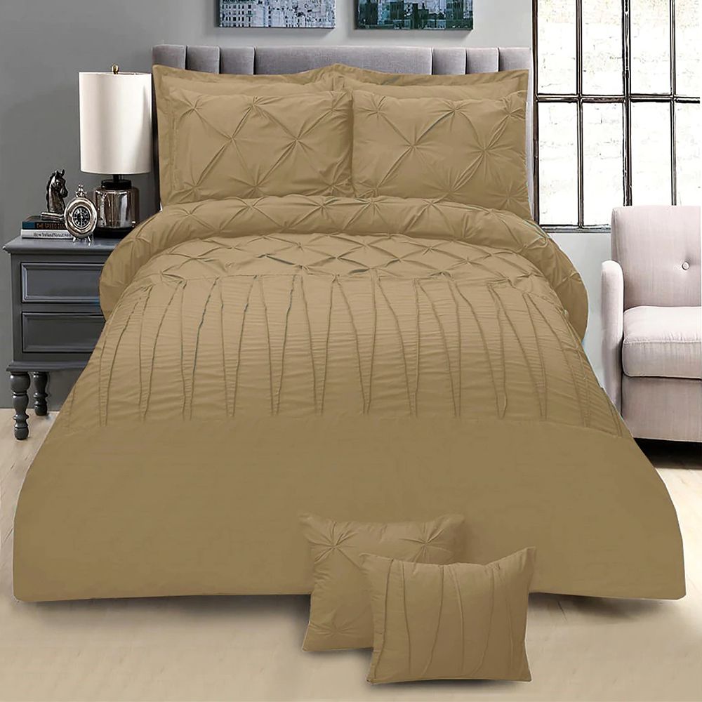 Exotic Embellish Pintucks & Cross Pleated Duvet Set - Dark Beige