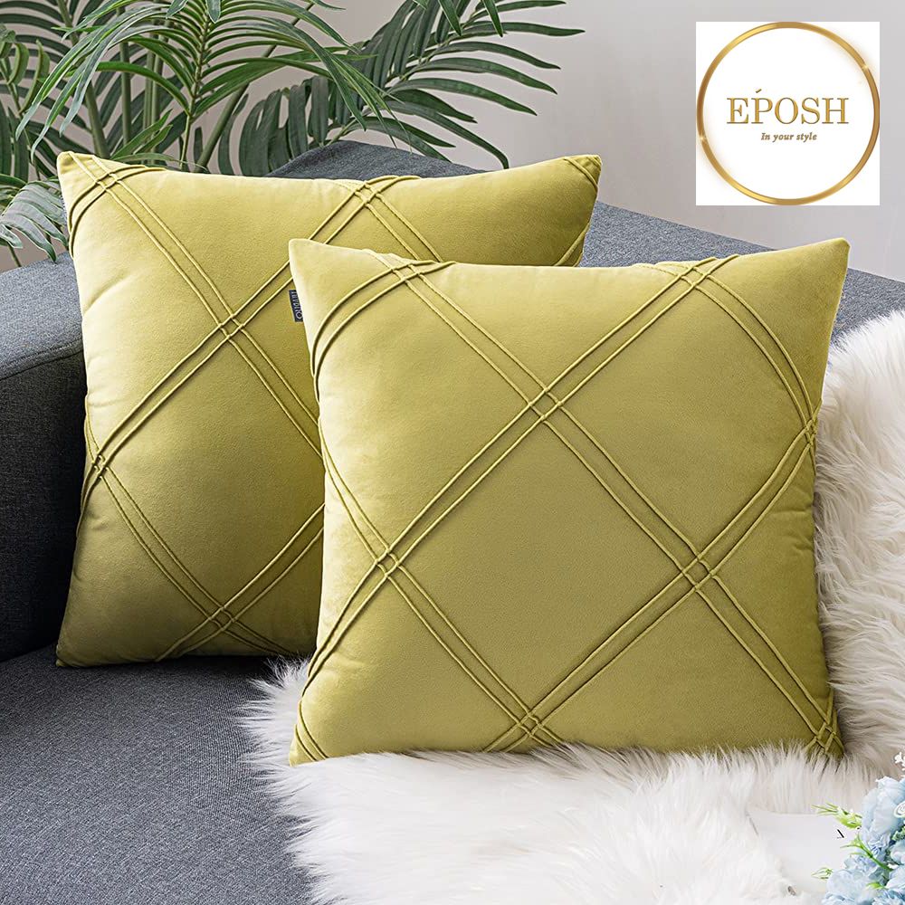 Pack of 2 Velvet Decorative Double Cross Pleated Cushion- Olive Green
