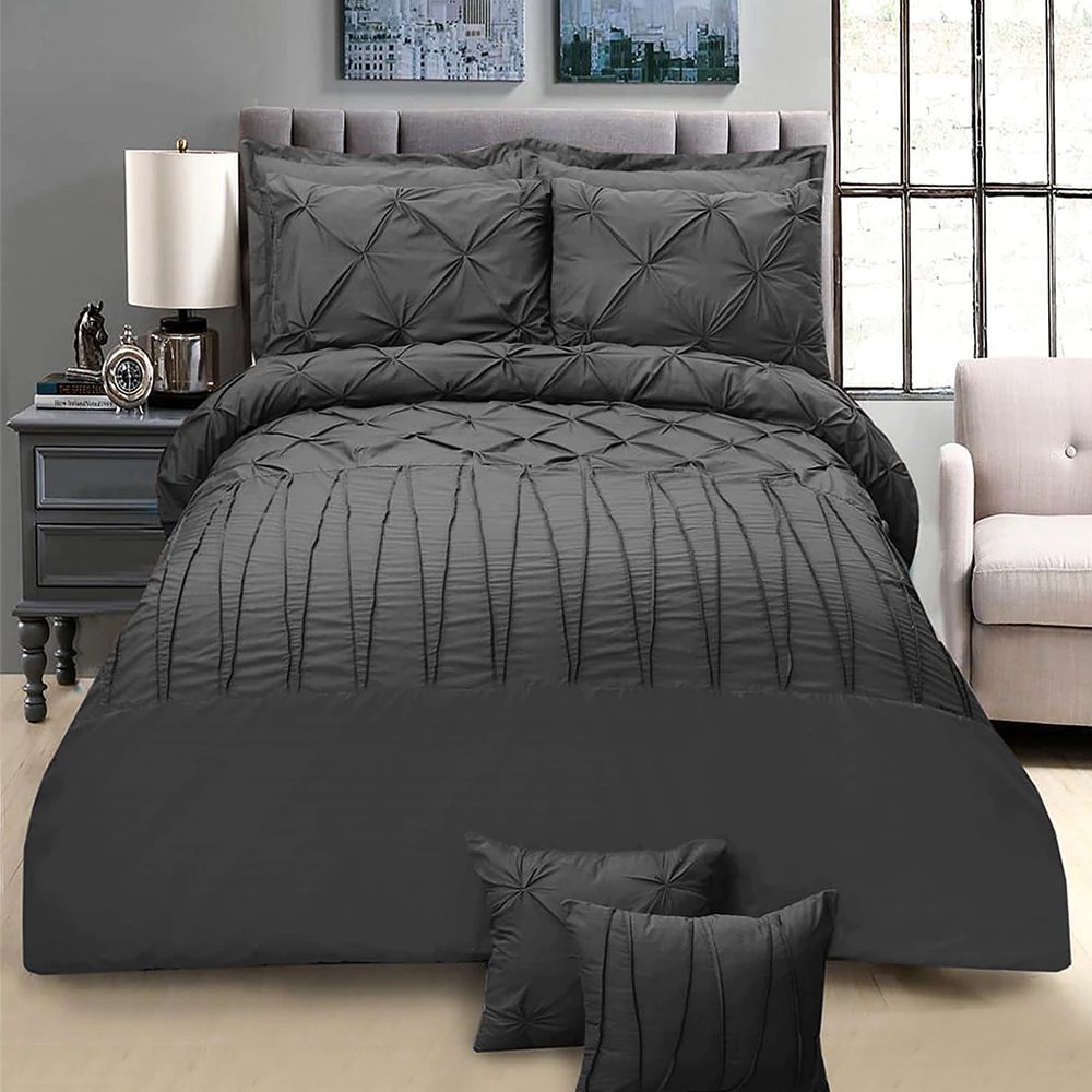 Exotic Embellish Pintucks & Cross Pleated Duvet Set - Charcoal Grey