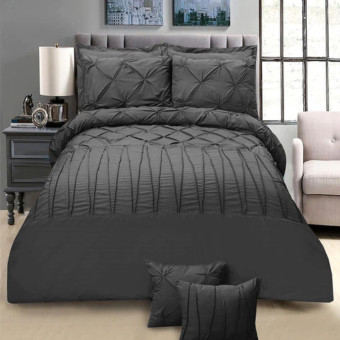 Exotic Embellish Pintucks & Cross Pleated Duvet Set - Charcoal Grey